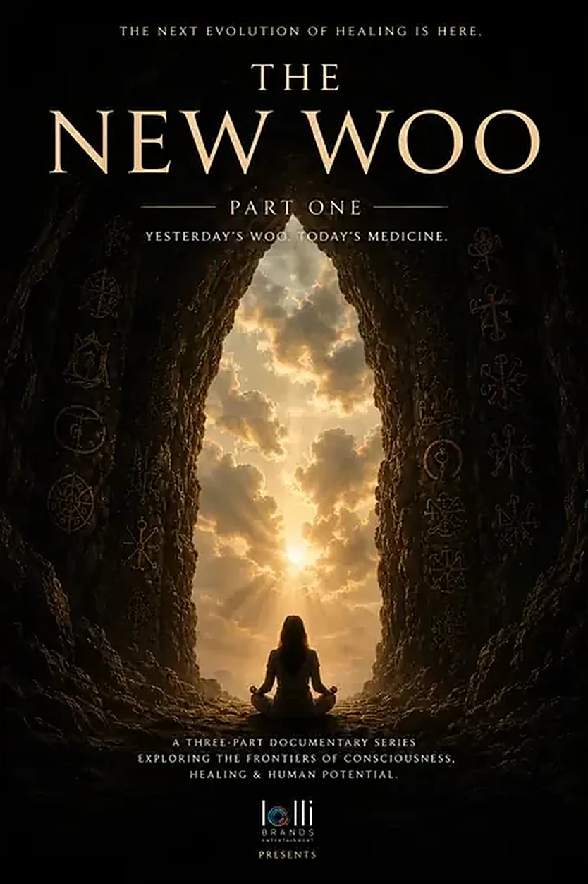 The New Woo, Part One, THE NEW WOO: meditating figure silhouetted in a glowing cave opening, gold serif title, Lolli Brands presents