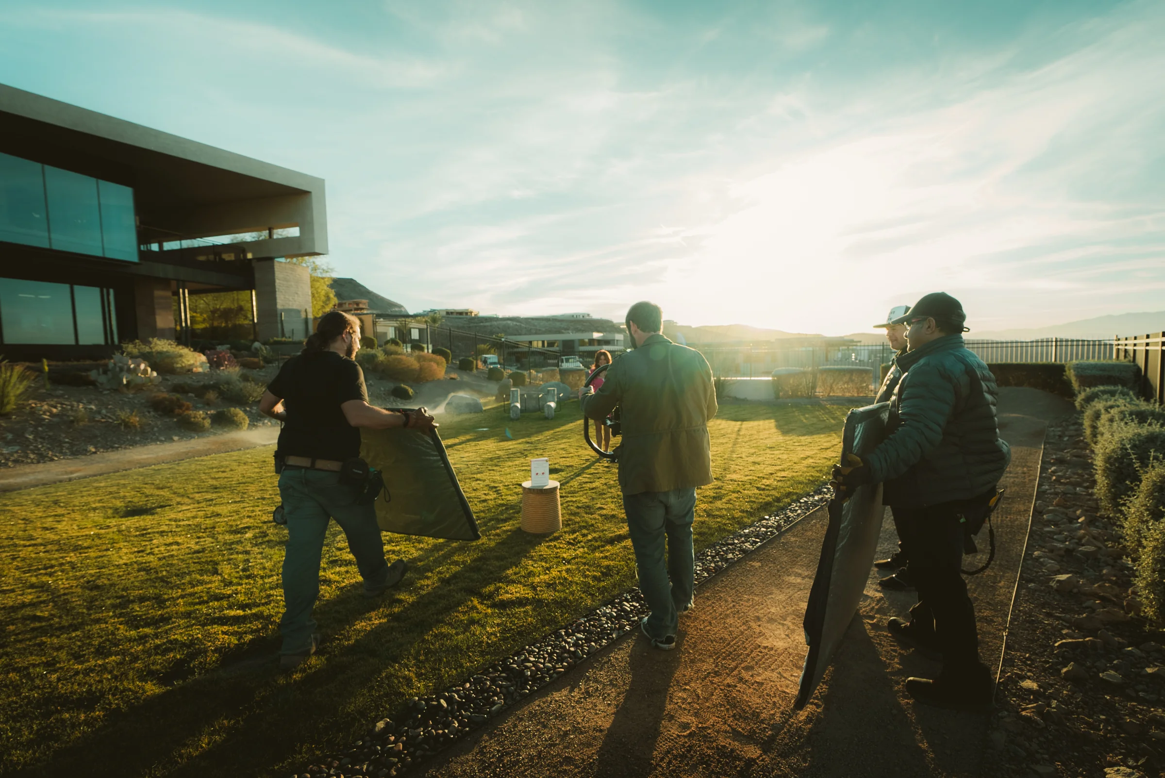 Sunset. Carrying the flags in, on the sHEALed set